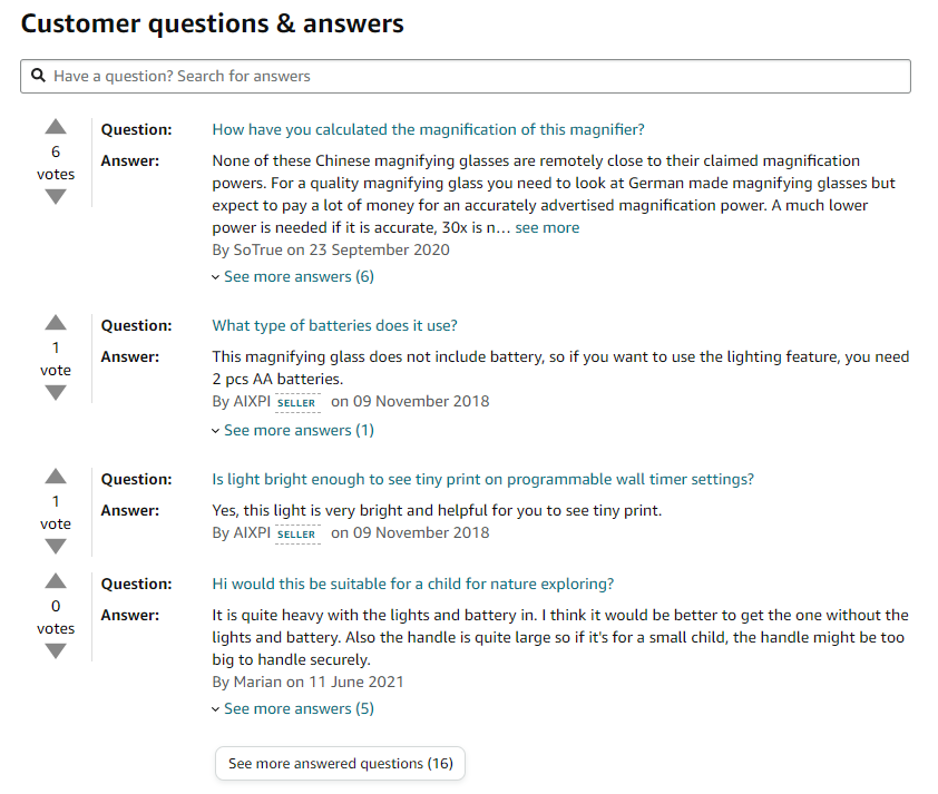 Customer questions & answers on amazon product reviews