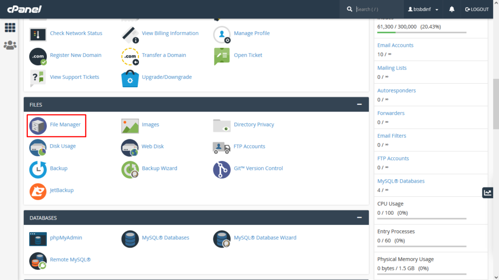 cpanel file manager critical error wordpress